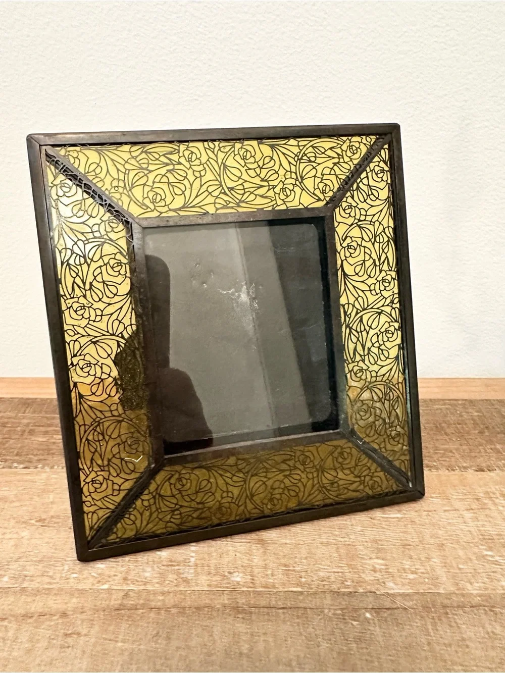Vintage Studio Yellow Stained Glass Picture Frame Etched Metal Roses Metal Trim